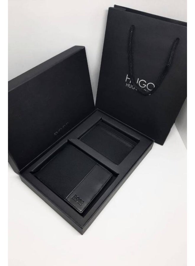 BOSS Black Bifold Wallet with Leather and Fabric Design