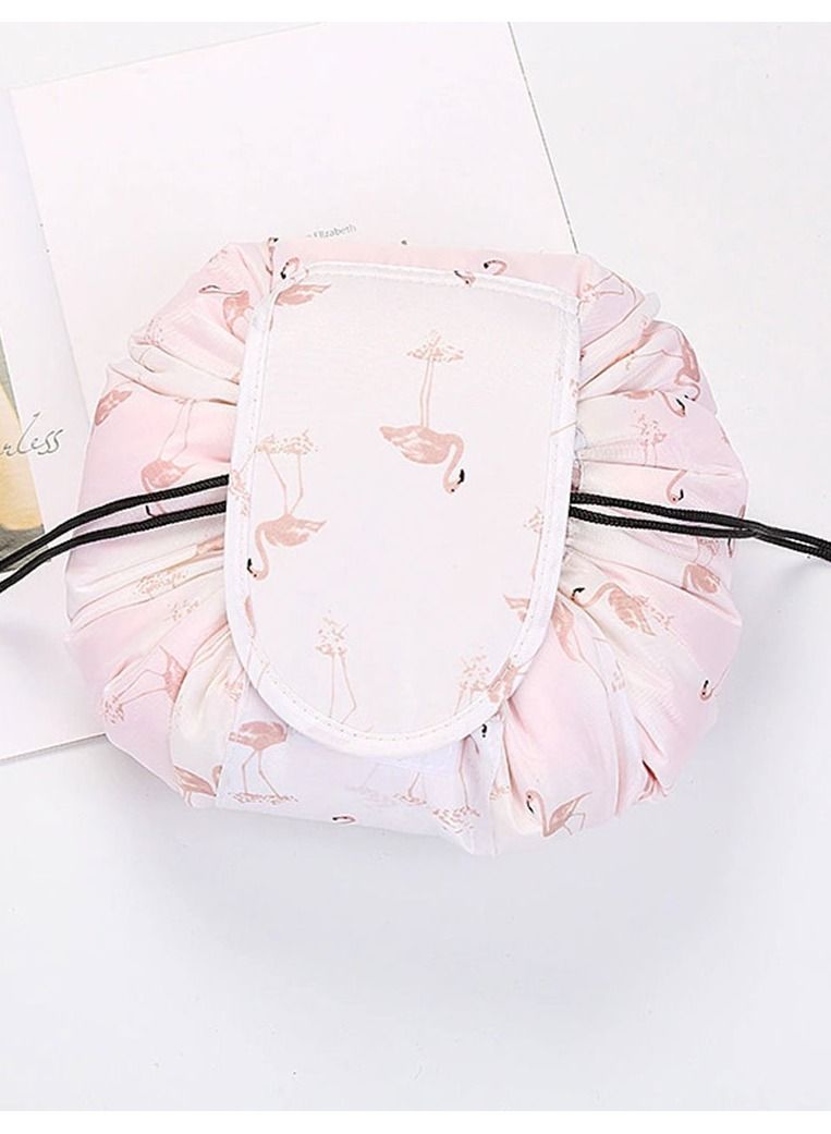 MARGOUN حقيبة مكياج بسحّاب للسفر، حقيبة مستحضرات تجميل دائرية سحرية، حقيبة أدوات تجميل بطبعة طائر الفلامنغو