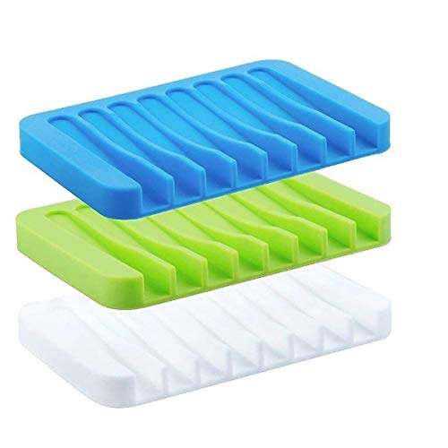P-Plus International Soap Dish Tray Saver Holder Drainer Shower Waterfall for Bathroom/Kitchen/Counter Top, Keep Bars Dry Easy Cleaning Flexible Silicone, soap Dish, White, 3 Pack (Mixed(3 Color)) - Image 1