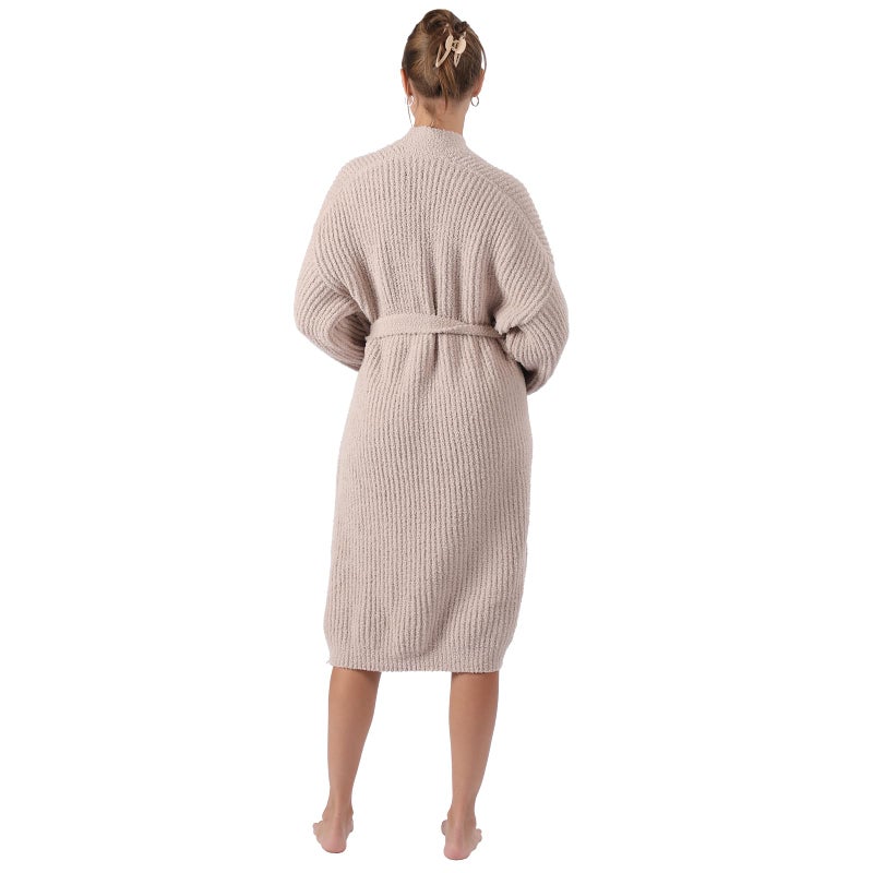 bearberry Cozy Robe Lightweight Soft Plush Robe Vertical Bar Hoodless Sleepwear Nightgown with Pockets for Women (Standard, Beige) - Image 3