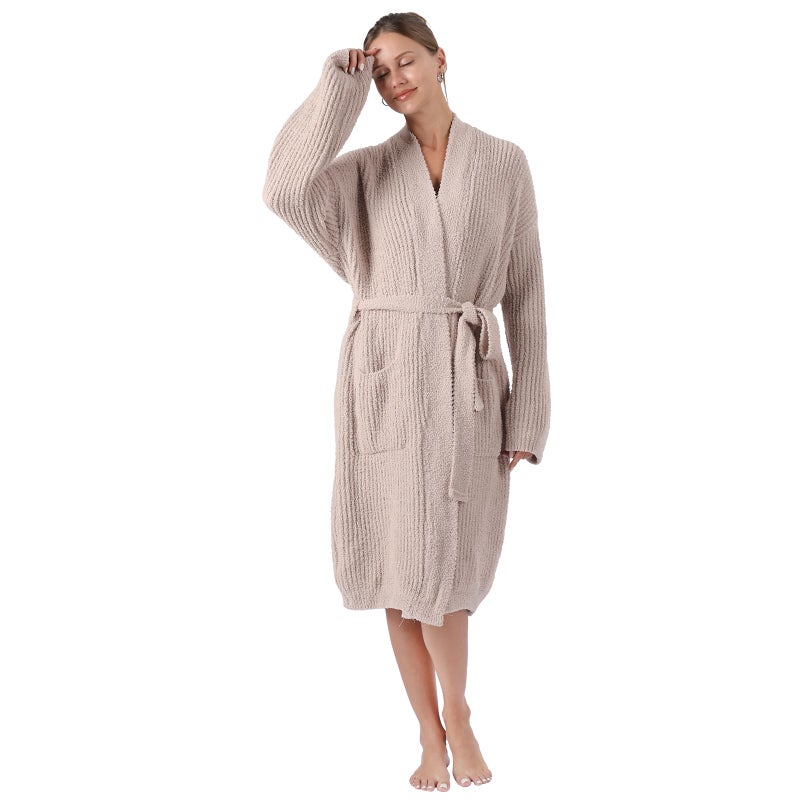 bearberry Cozy Robe Lightweight Soft Plush Robe Vertical Bar Hoodless Sleepwear Nightgown with Pockets for Women (Standard, Beige) - Image 1
