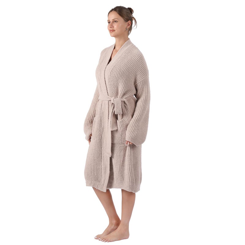 bearberry Cozy Robe Lightweight Soft Plush Robe Vertical Bar Hoodless Sleepwear Nightgown with Pockets for Women (Standard, Beige) - Image 2