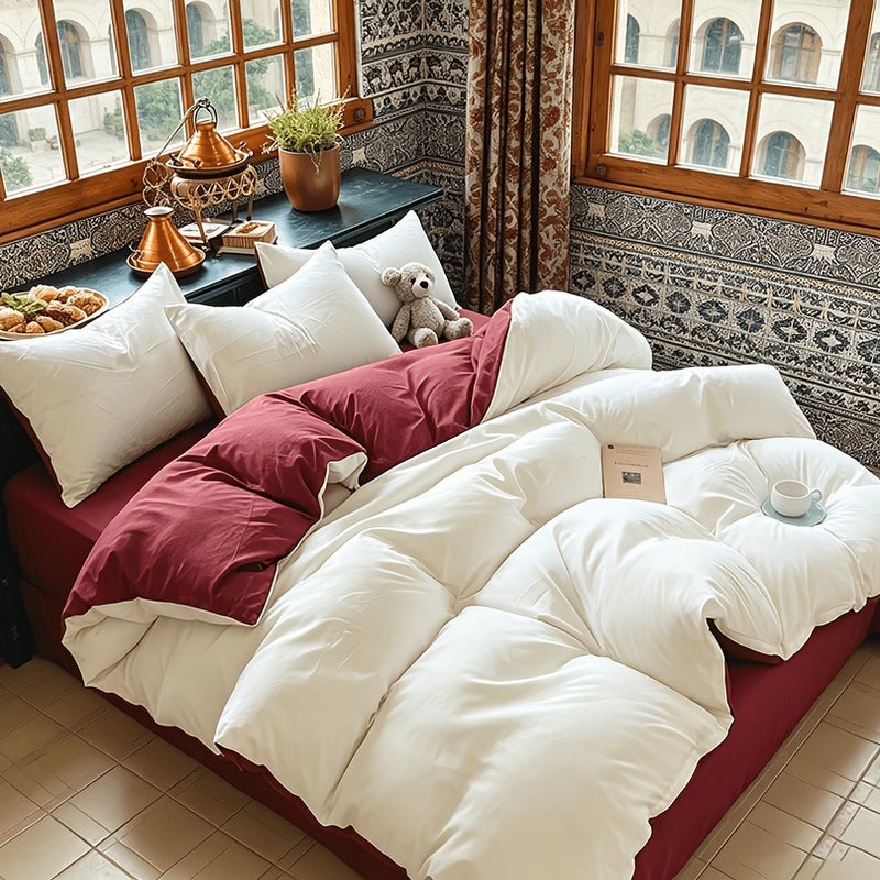 3pcs Minimalist Solid Color Double Quilt Cover Three-Piece Set, One Quilt Cover, Two Pillowcases - Image 2