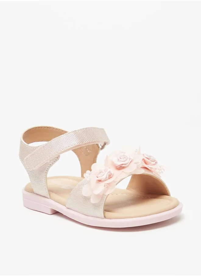 حافي القدمين Floral Applique Open Toe Sandals with Hook and Loop Closure