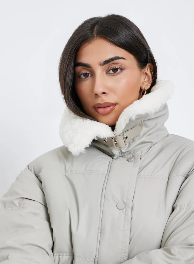 Styli Grey Crop Padded Jacket with Fur Trim