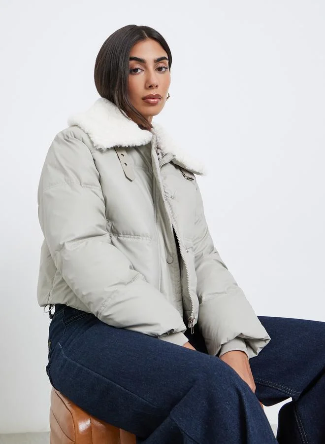 Styli Grey Crop Padded Jacket with Fur Trim
