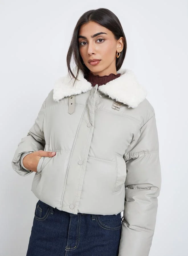 Styli Grey Crop Padded Jacket with Fur Trim