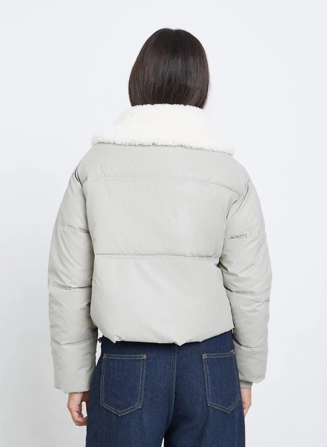 Styli Grey Crop Padded Jacket with Fur Trim