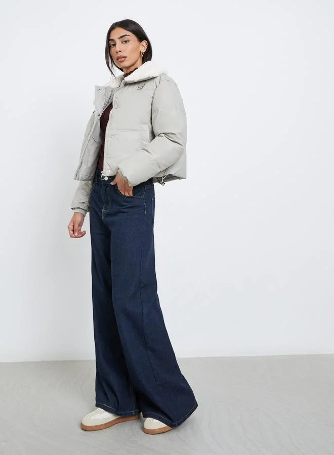 Styli Grey Crop Padded Jacket with Fur Trim