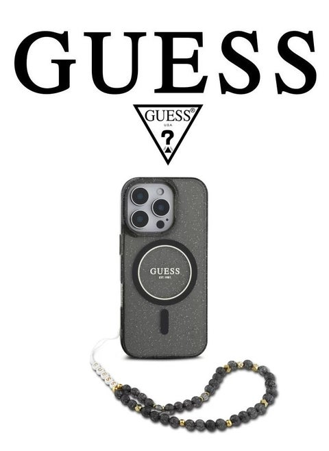 Back Case for iPhone 16 Pro Max, supports MagSafe wireless charging, camera bumper, Clear dark black, original design approved by GUESS, designed in France. By CG MOBILE
