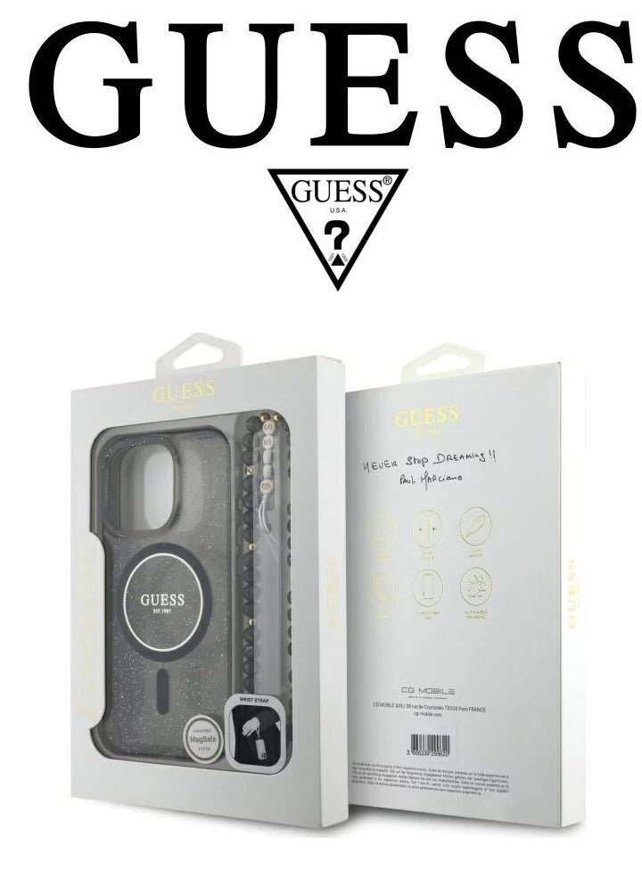 Back Case for iPhone 16 Pro Max, supports MagSafe wireless charging, camera bumper, Clear dark black, original design approved by GUESS, designed in France. By CG MOBILE