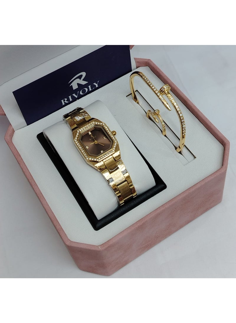 ريفولي طقم نسائي راقٍ بساعة بتصميم فاخر على شكل قطرة، مرصعة بالكريستال مع سوار أنيق يعكس لمسة فخامة وجاذبية