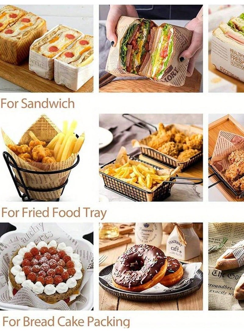 فاصولا ورق تغليف ساندويشات 50 ورقة 25x25 سم، ورق مقاوم للزيت للدجاج المقلي، ورق مقاوم للشحوم للبرجر والبطاطس، ورق خبز غير لاصق مع تصميم كلاسيكي (بني) - Image 3
