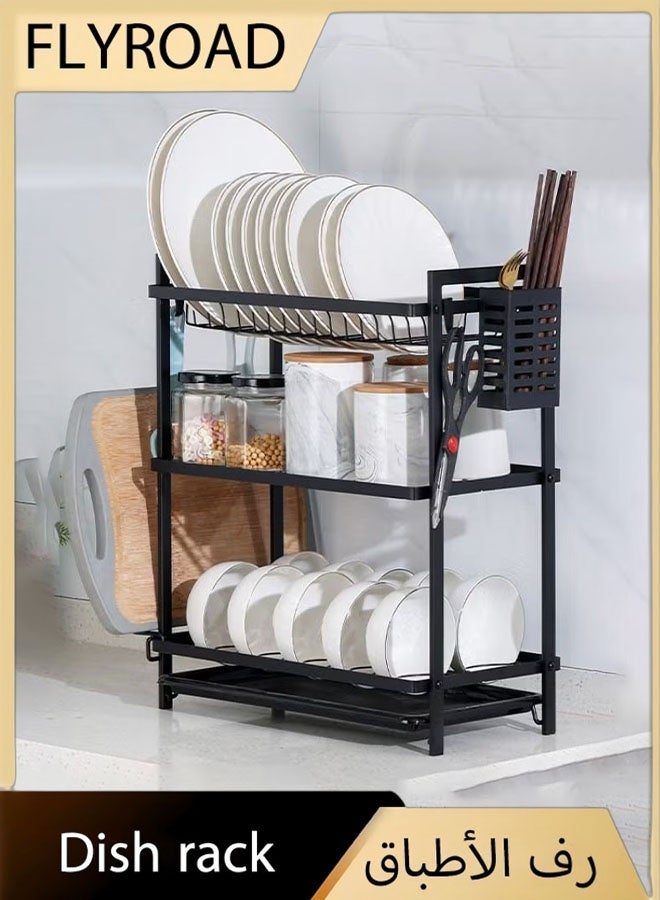 فلاي رود رف تجفيف الأطباق، رف تجفيف الأطباق، رف تجفيف الأطباق فوق الحوض بثلاثة أرفف مع صينية تصريف، رف عيدان الطعام، حامل سكاكين - Image 2