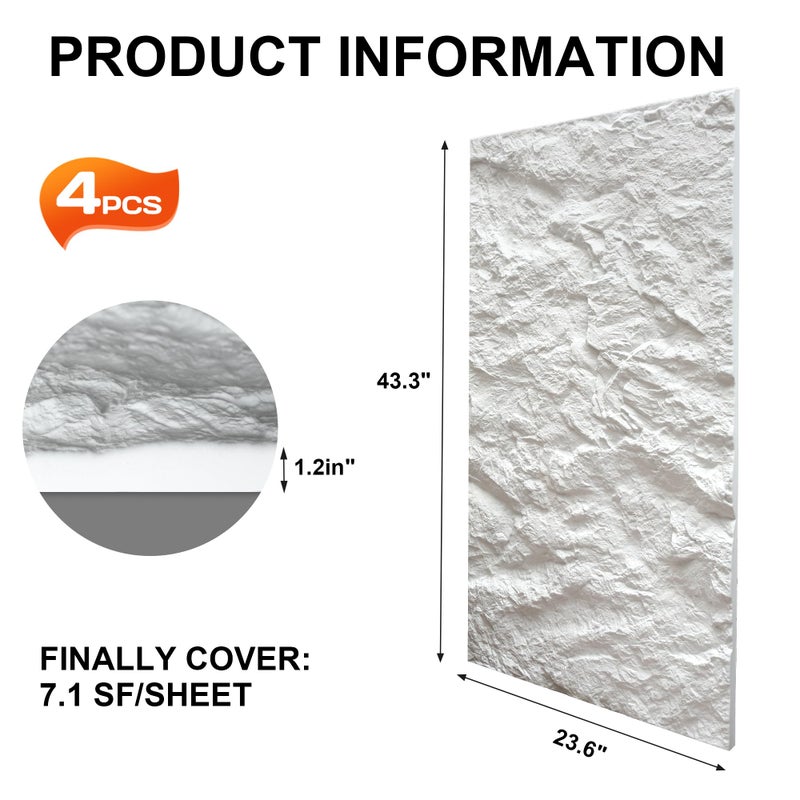 KASARO 3D Faux Stone Wall Panels, 4 PCS PU Wainscoting Panel - Cement Texture Thicker Design for Interior Wall Decor, Home & Office Accent Wall, Easy Install, 43.3" x 23.6" (White) - Image 4