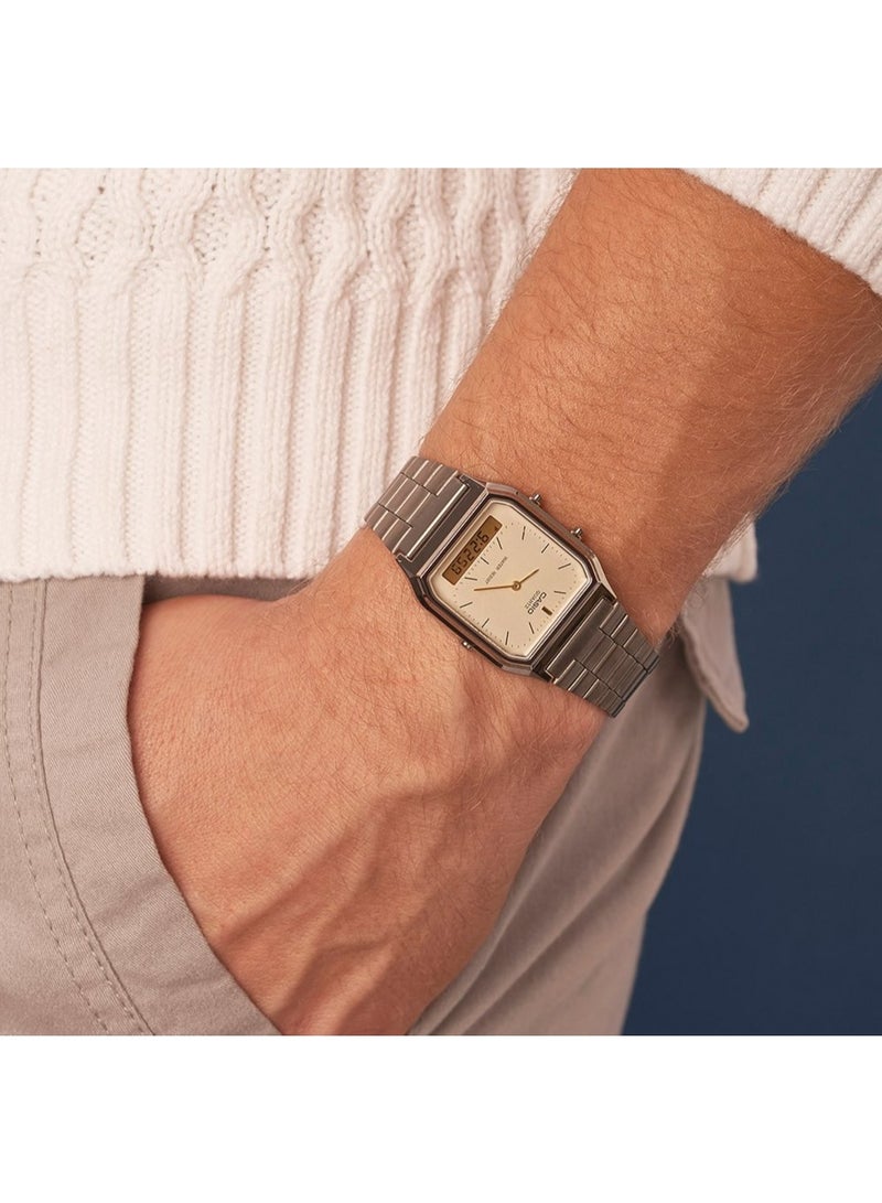 كاسيو ساعة كاسيو AQ-230GG-9ADF أنالوج/ديجيتال للجنسين، مقاومة للماء، توقيت مزدوج، ستوب ووتش، سوار معدني مطلي IP – رمادي داكن/ذهبي - Image 5