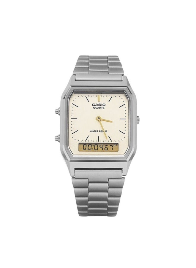 كاسيو ساعة كاسيو AQ-230GG-9ADF أنالوج/ديجيتال للجنسين، مقاومة للماء، توقيت مزدوج، ستوب ووتش، سوار معدني مطلي IP – رمادي داكن/ذهبي - Image 2