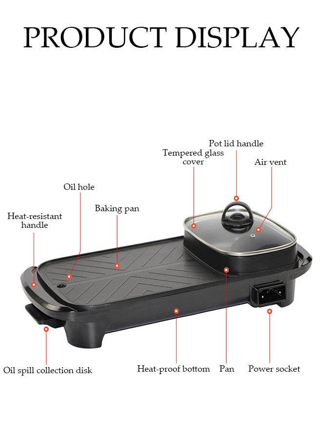 Electric BBQ Roasting Pans，With Non Stick Coating Electric Hotpot, 2 In 1 Household Electric Barbecue Oven, 5 Temperature Adjustable, With Handle, Suitable For Families And Gatherings