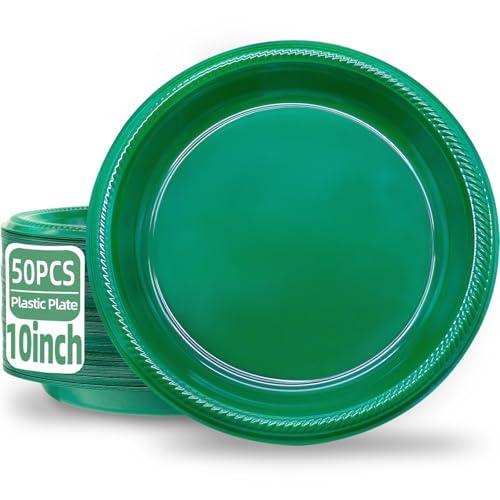 BONSINY Green Plastic Plates Disposable 10 inch | 50 PCS Green Disposable Plates for Party, Picnic, Birthday, BBQ, Graduation, World Cup - Image 1