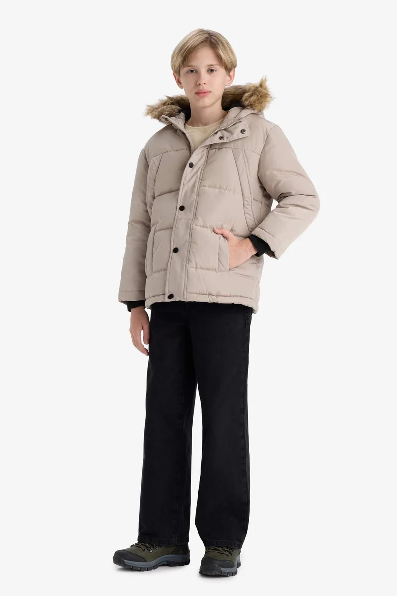 ديفاكتو Boy Hooded with Removable Faux Fur collar Fleece Lined Puffer Jacket