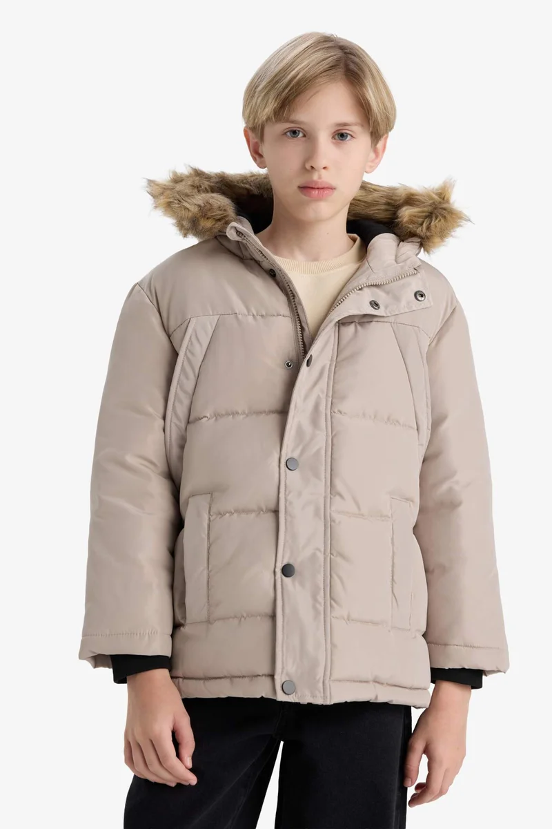 ديفاكتو Boy Hooded with Removable Faux Fur collar Fleece Lined Puffer Jacket