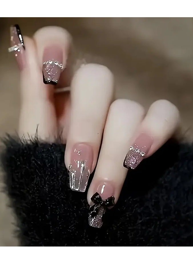 Rozino 24-Piece Long Ballet Coffin Nails in Pink Tone with Glitter Pattern and Glossy Finish Featuring 3D Butterfly Accents - DZ072 - Image 1