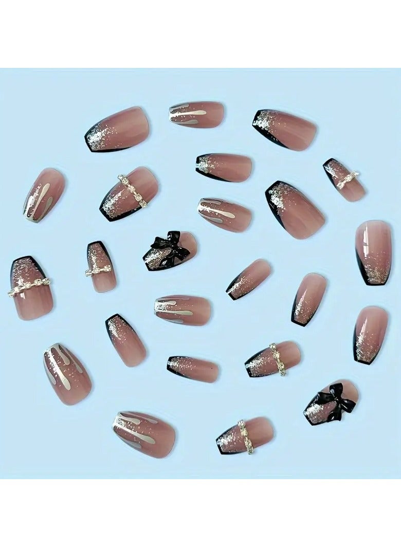 Rozino 24-Piece Long Ballet Coffin Nails in Pink Tone with Glitter Pattern and Glossy Finish Featuring 3D Butterfly Accents - DZ072 - Image 4
