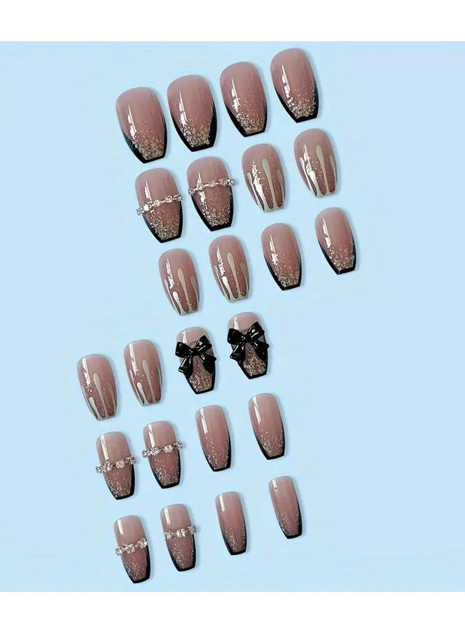 Rozino 24-Piece Long Ballet Coffin Nails in Pink Tone with Glitter Pattern and Glossy Finish Featuring 3D Butterfly Accents - DZ072 - Image 5