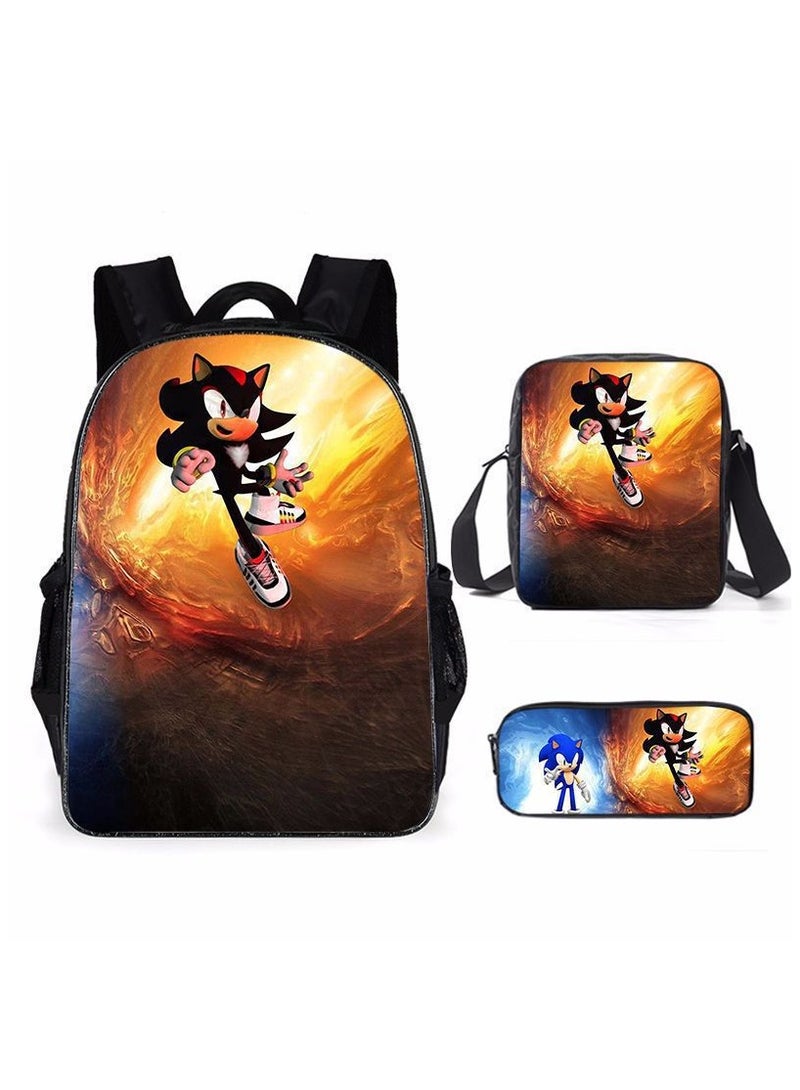 Sonic Primary School Backpack Cartoon Anime Backpack Messenger Bag Pencil Case Three-Piece Set 29*16*42cm