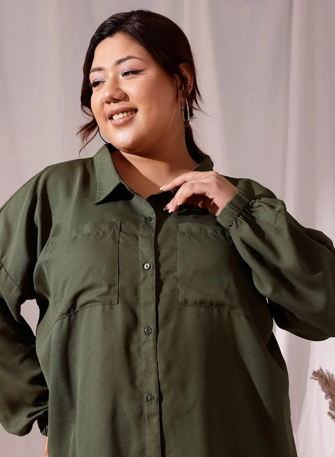 STREET 9 STREET 9 Plus Olive Oversized Shirt with Pockets