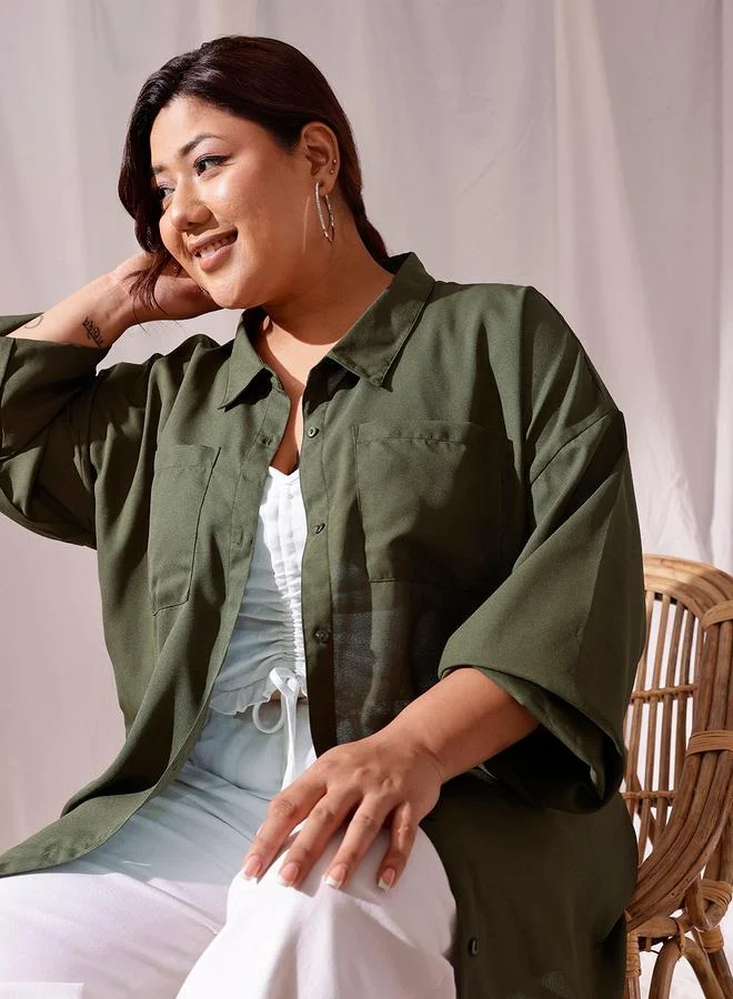 STREET 9 STREET 9 Plus Olive Oversized Shirt with Pockets