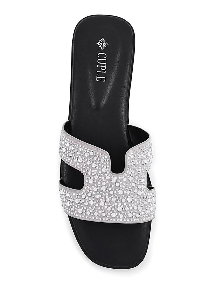 Cuple Khaki Cuple Embellished Double Strap Flat Slides for Women | Best Price UAE