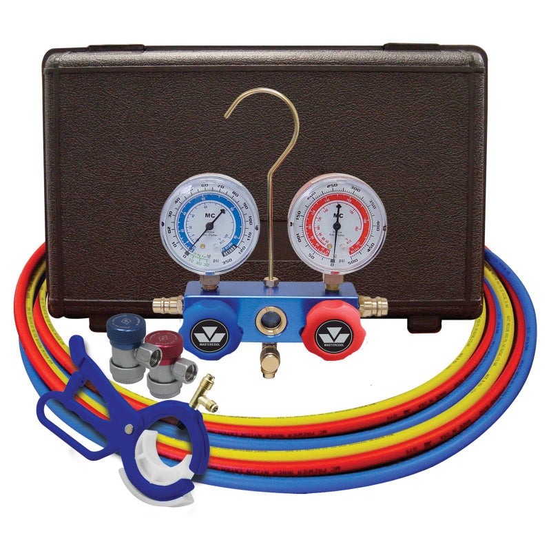 Mastercool (98661-PRO) Blue R134a and R12 Dual Manifold Gauge Set with 2 Sets 60" Hoses, Manual Couplers and Side Mount Can Tap Valve