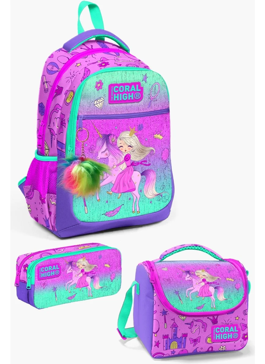 كورال هاي Kids Light Pink Purple Unicorn Princess Patterned 3-Piece School Bag Set SET0123481