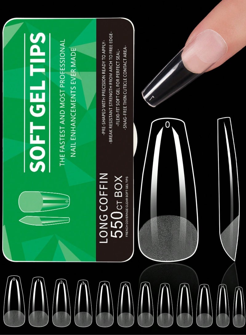 550 قطعة من أطراف أظافر الجل الناعم التابوت الطويل - شفافة نصف متجمدة، سهلة الاستخدام مع جل UV، تصميم فرنسي للأظافر المنزلية والصالونات، 12 مقاسًا مع علبة حفظ، تمديد الأظافر، تابوت طويل - Image 1