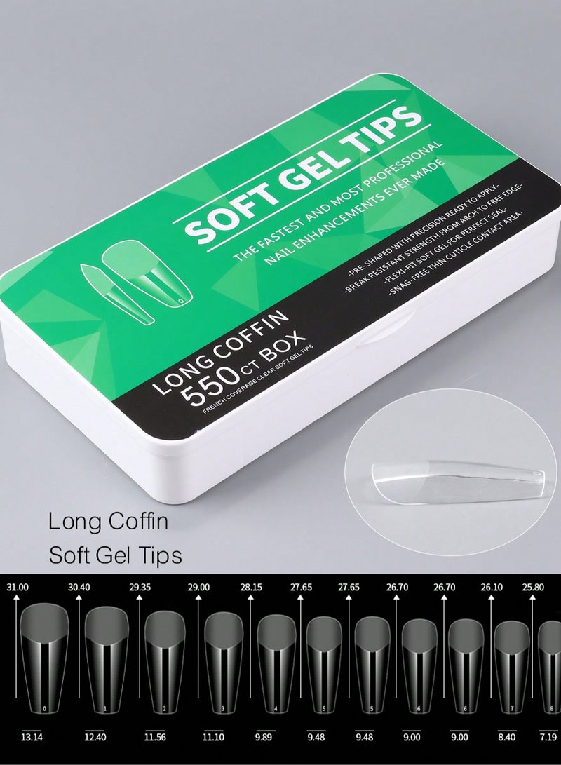 550 قطعة من أطراف أظافر الجل الناعم التابوت الطويل - شفافة نصف متجمدة، سهلة الاستخدام مع جل UV، تصميم فرنسي للأظافر المنزلية والصالونات، 12 مقاسًا مع علبة حفظ، تمديد الأظافر، تابوت طويل - Image 2