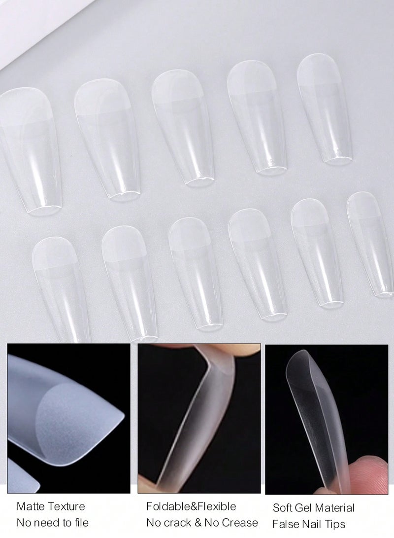 550 قطعة من أطراف أظافر الجل الناعم التابوت الطويل - شفافة نصف متجمدة، سهلة الاستخدام مع جل UV، تصميم فرنسي للأظافر المنزلية والصالونات، 12 مقاسًا مع علبة حفظ، تمديد الأظافر، تابوت طويل - Image 3