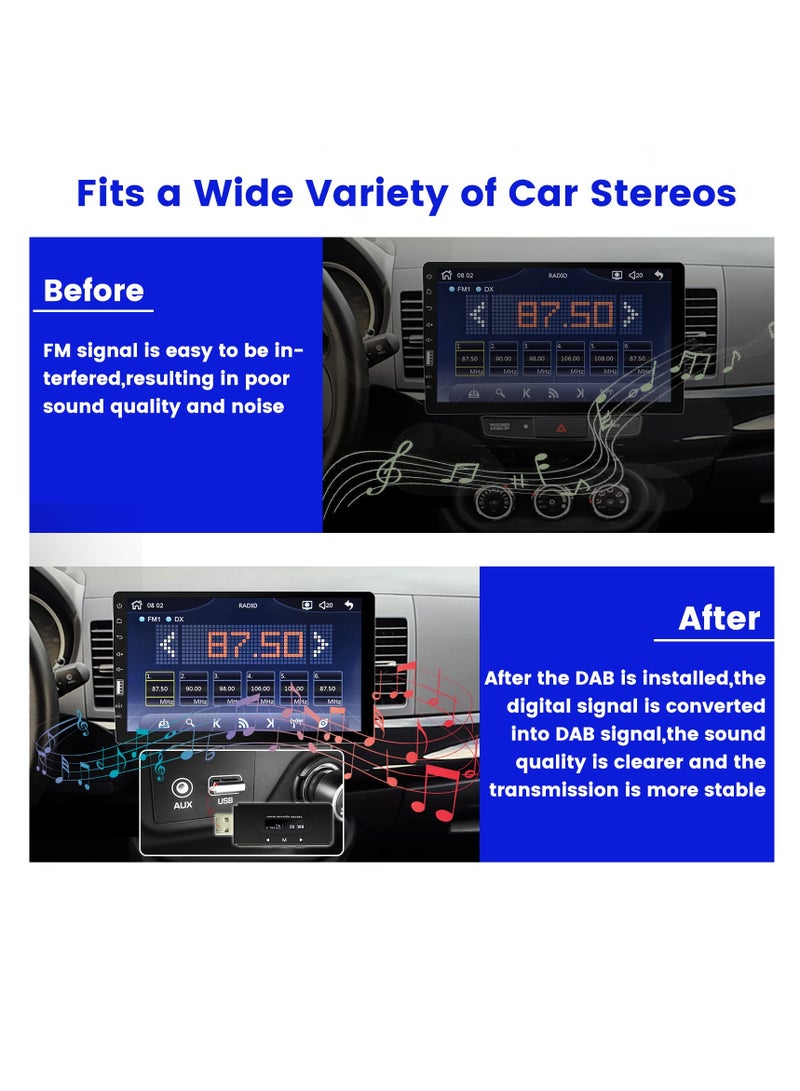 Car DAB/DAB+ Radio Receiver, DAB FM Radio Antenna FM Dipole Aerial, DAB Car Radio Adapter USB Dongle for Most Android Car Stereo