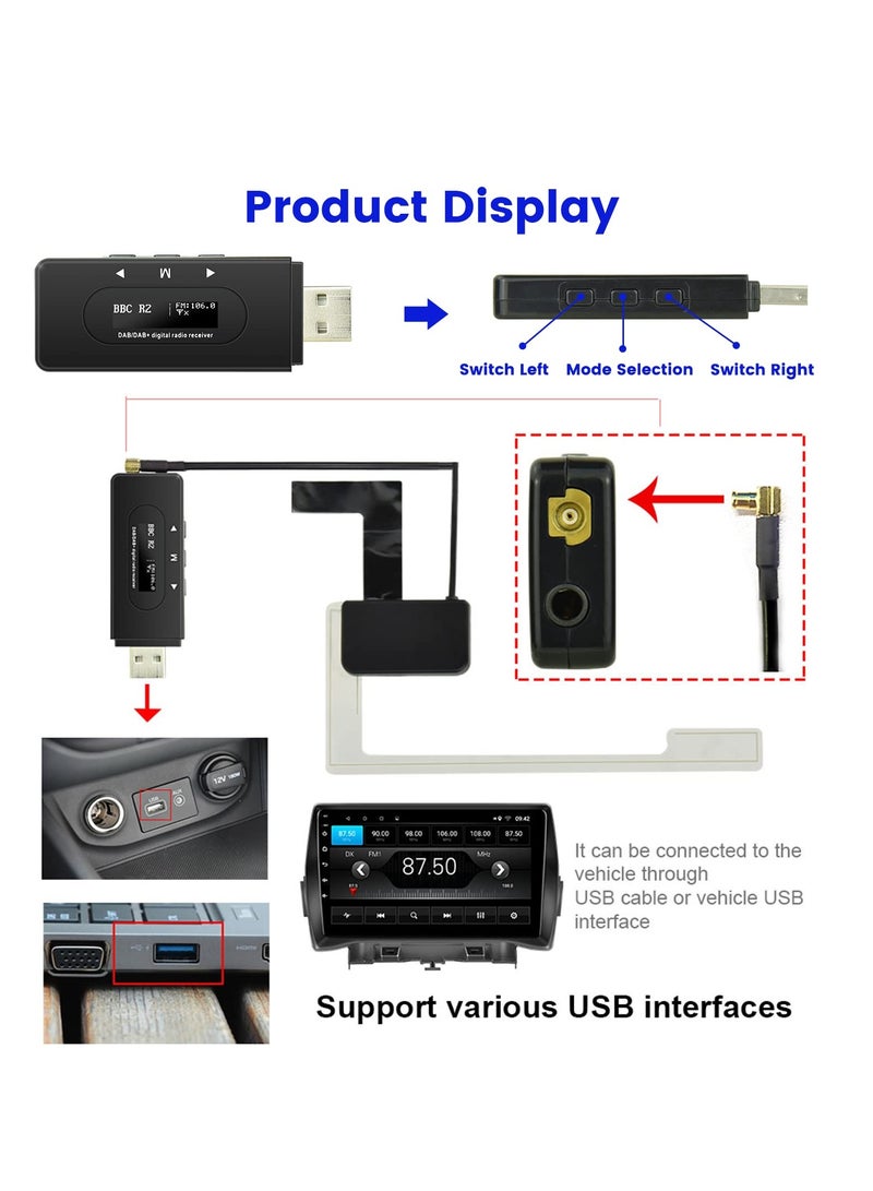 Car DAB/DAB+ Radio Receiver, DAB FM Radio Antenna FM Dipole Aerial, DAB Car Radio Adapter USB Dongle for Most Android Car Stereo