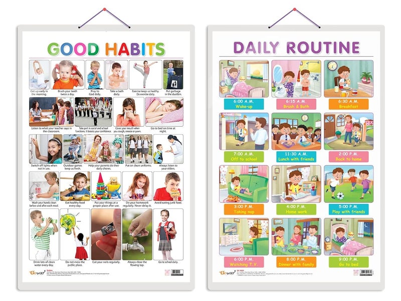 GoWoo Set of 2 Good Habits and DAILY ROUTINE Early Learning Educational Charts for Kids | 20"X30" inch |Non-Tearable and Waterproof | Double Sided Laminated | Perfect for Homeschooling, Kindergarten and Nursery Students - Image 1