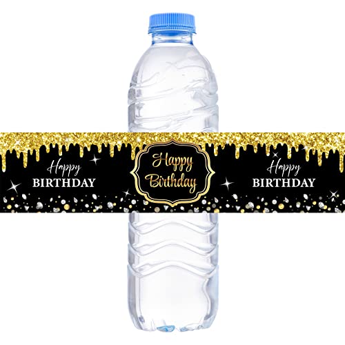 WOWOPA Happy Birthday Water Bottle Labels for Boy Girl Men Women Anniversary Celebration Stickers Party Decorations Black and Gold Set of 32 - Image 1