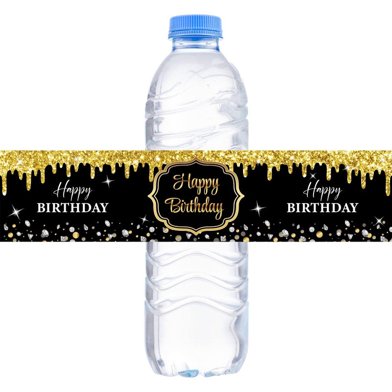 WOWOPA Happy Birthday Water Bottle Labels for Boy Girl Men Women Anniversary Celebration Stickers Party Decorations Black and Gold Set of 32 - Image 2