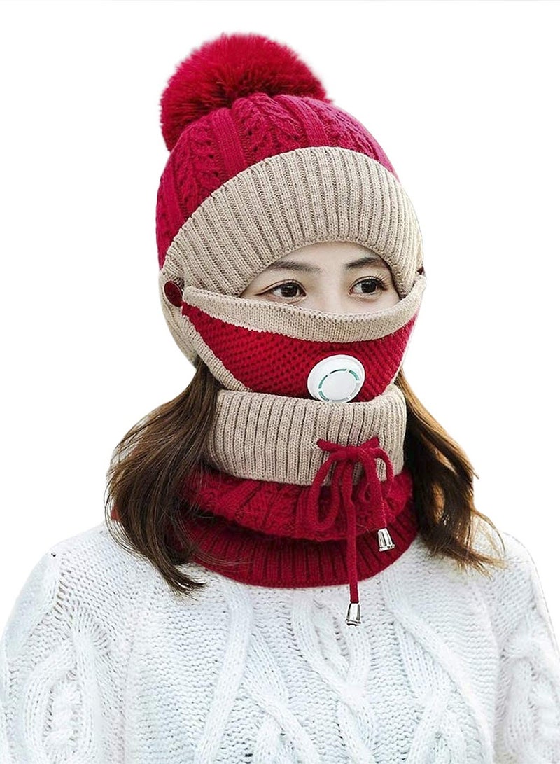 Barakah 3 in 1 Winter Knitted Beanie Hat Face Neck Warmer Set for Women Girls Fleece Lining Ski Caps with Pompom - Image 2