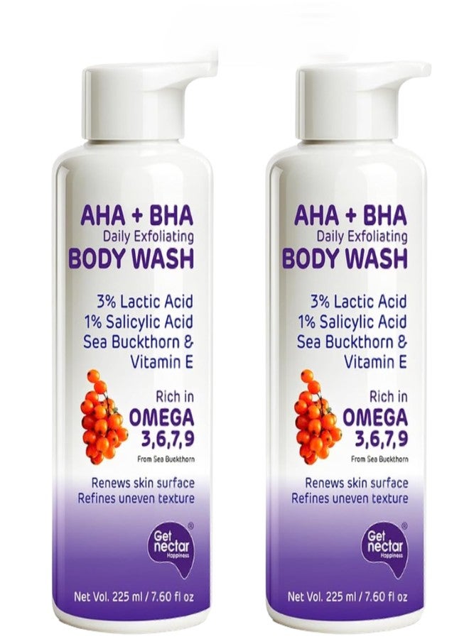 Get Nectar Happiness Korean Glow Essence AHA-BHA Body Wash | 4% Actives (3% Lactic Acid + 1% Salicylic Acid) | Omega 3,6,7,9 | Exfoliating Body Wash for Tan, Body Acne & Smooth Glowing Skin | Sulfate & Paraben Free | For Men & Women | 225ml (Pack fo 2)