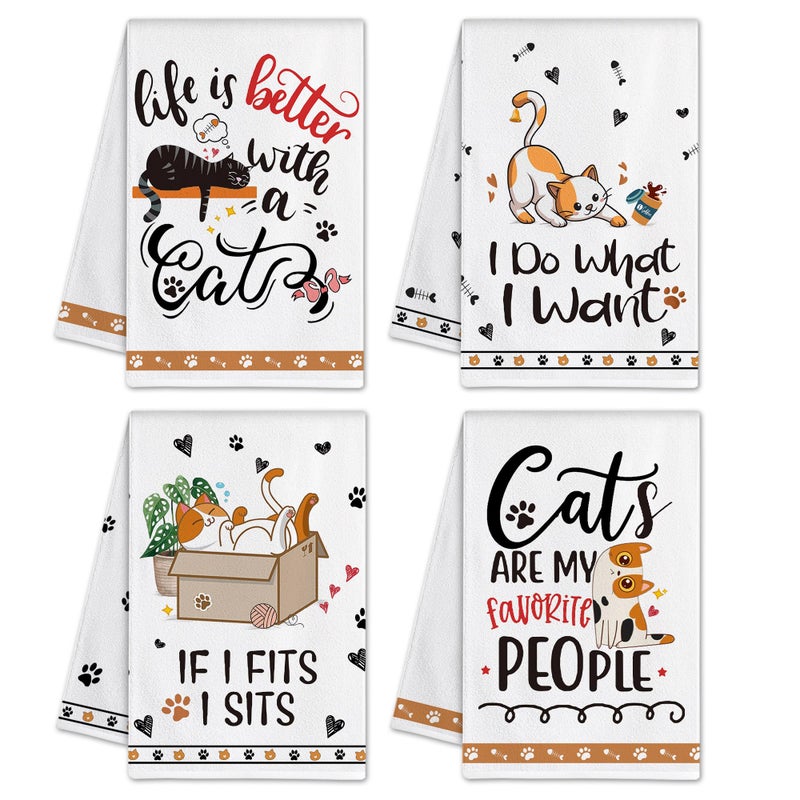 Hexagram Cat Kitchen Towels Set of 4, Cat Lover Gifts for Women, Funny Cute Housewarming Dish Hand Towels for Home Kitchen Decor - Image 1