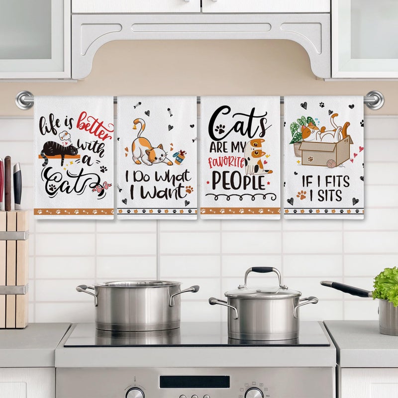 Hexagram Cat Kitchen Towels Set of 4, Cat Lover Gifts for Women, Funny Cute Housewarming Dish Hand Towels for Home Kitchen Decor - Image 2