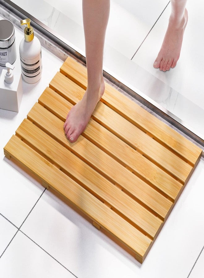 Domax Bamboo Bath Mat - Non Slip Waterproof Wooden Shower Floor Mat for Bathroom, Sauna, Spa, Outdoor Use (Natural, 21.26 x 14.17 x 1.3 Inch) - Image 1