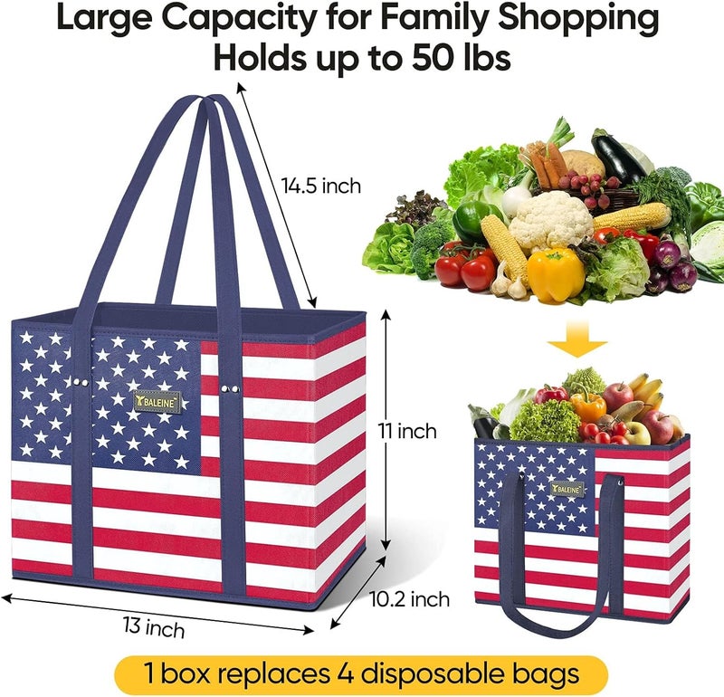 Baleine 3Pk Reusable Grocery Bags, Foldable Shopping Bags for Groceries with Reinforced Bottom & Handles (Patriot Celebration) - Image 3