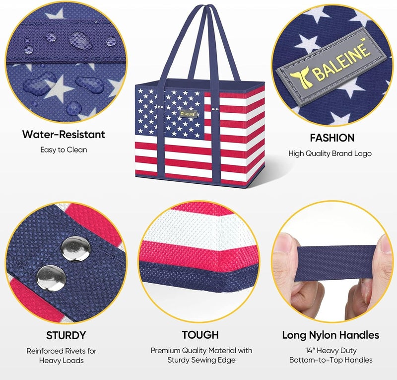 Baleine 3Pk Reusable Grocery Bags, Foldable Shopping Bags for Groceries with Reinforced Bottom & Handles (Patriot Celebration) - Image 2