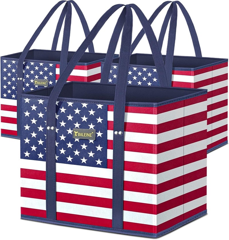 Baleine 3Pk Reusable Grocery Bags, Foldable Shopping Bags for Groceries with Reinforced Bottom & Handles (Patriot Celebration) - Image 1